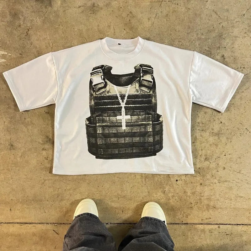 Printed cotton short sleeve t-shirt with retro street style and drop-shoulder sleeves on a hanger