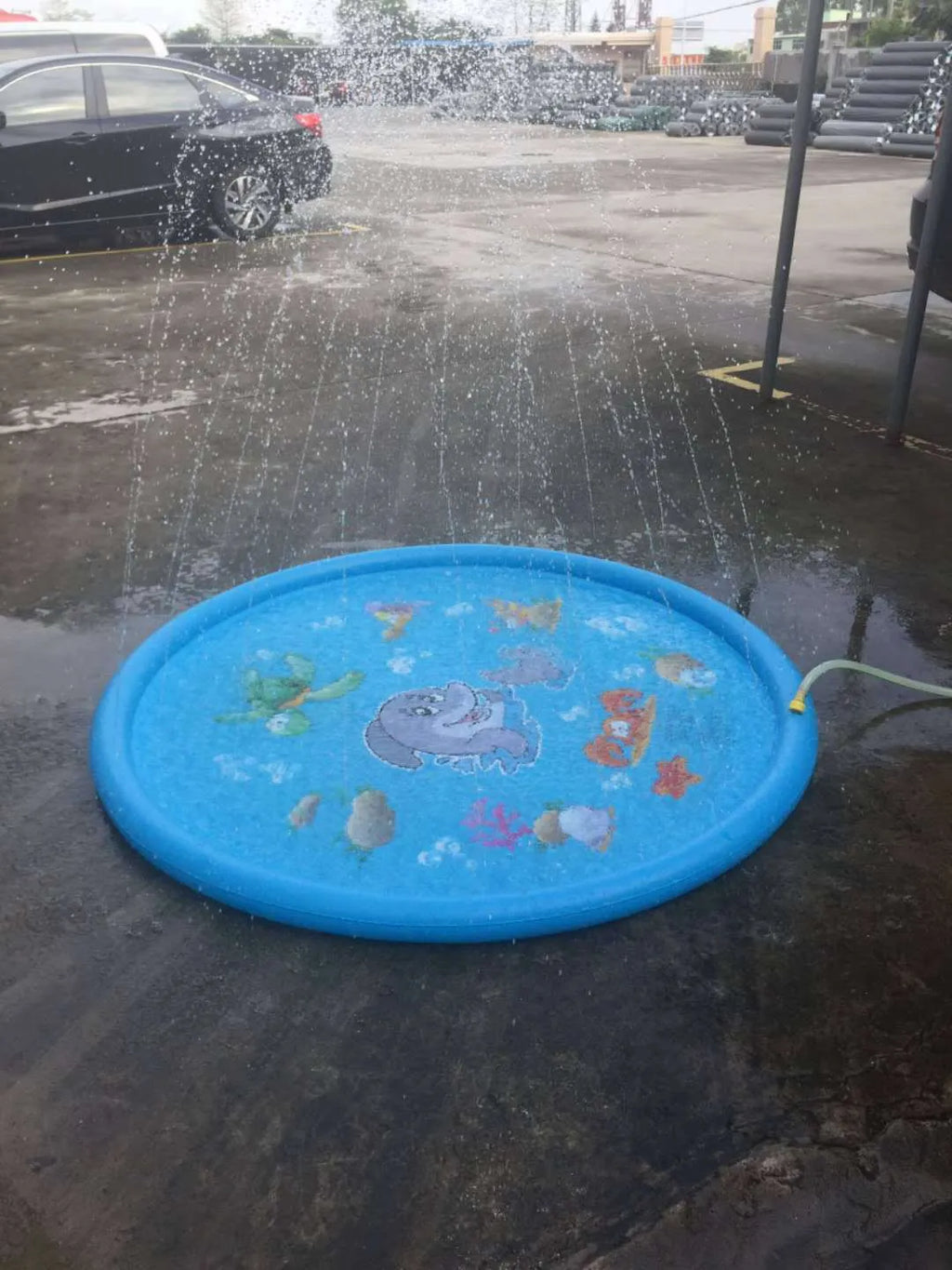 Blue children's water spray play mat with marine animal prints on grass