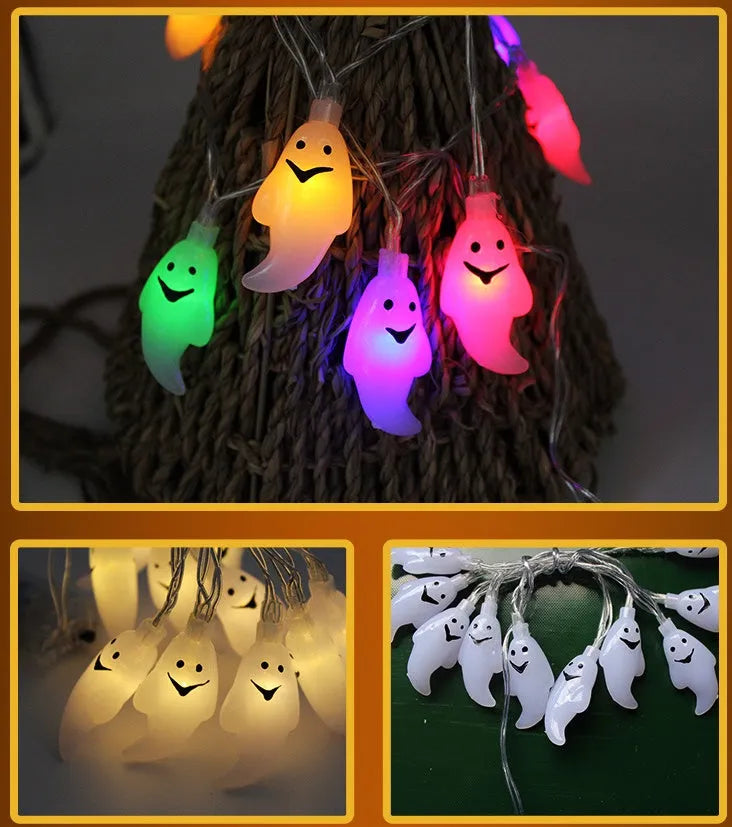 Halloween battery LED string lights showing bat, pumpkin, ghost and spider shapes on a 1.2 metre white wire.