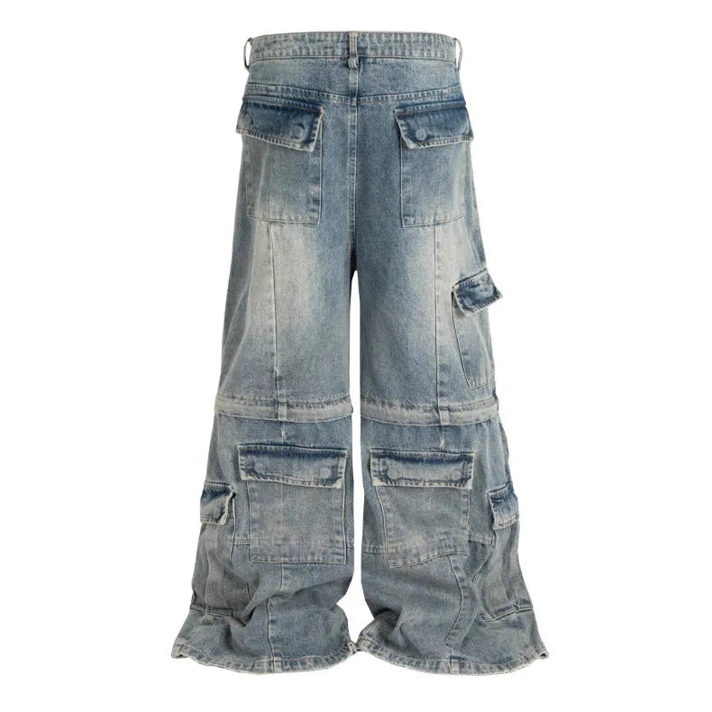 Washed-out cotton detachable overalls with multiple pockets in blue colour