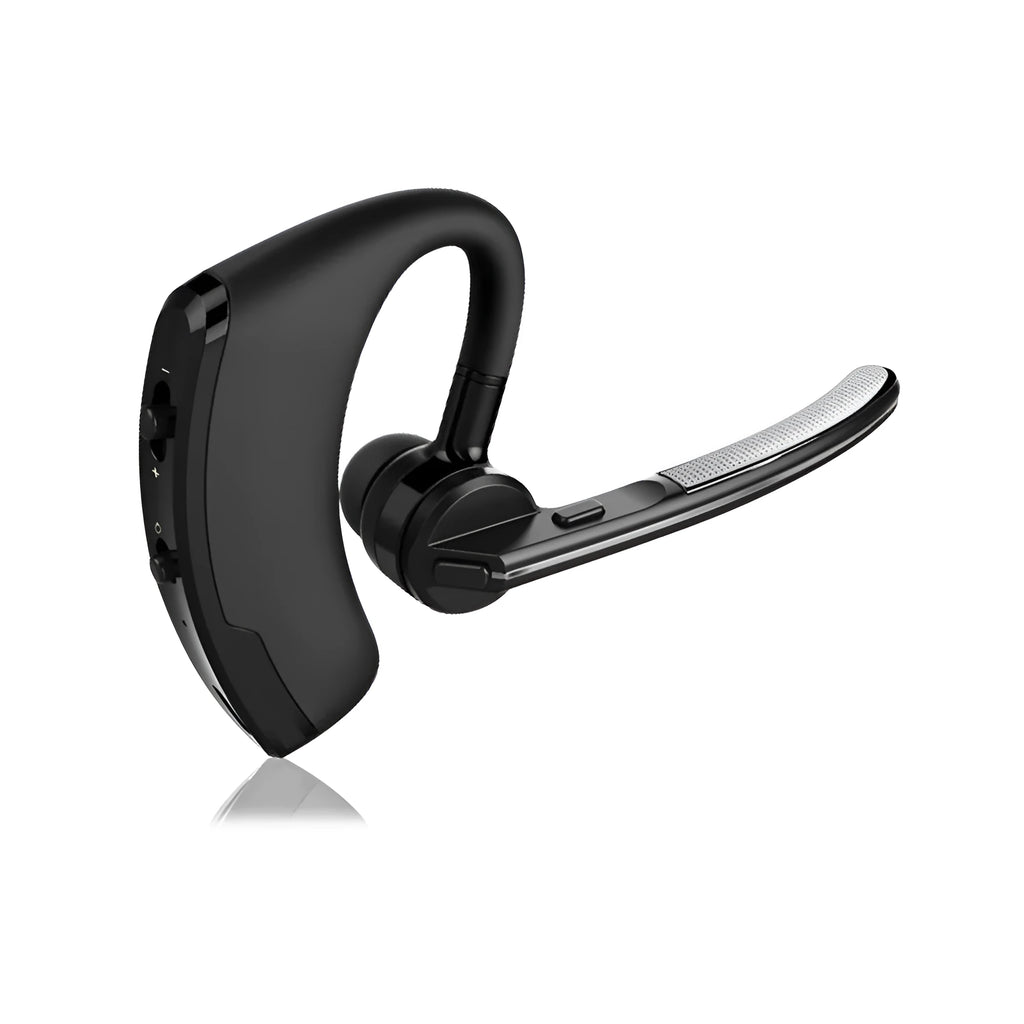V9 Jerry black Bluetooth headset with ear-bud and charging cable on a white background