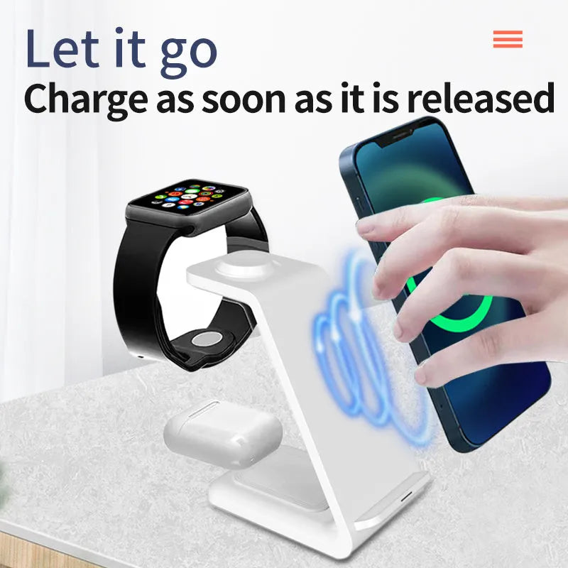 White upright wireless phone charger with dual-coil technology and QC3.0 support on a desk