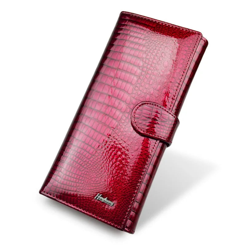 Genuine leather women's coin purse with crocodile pattern texture in wine red colour