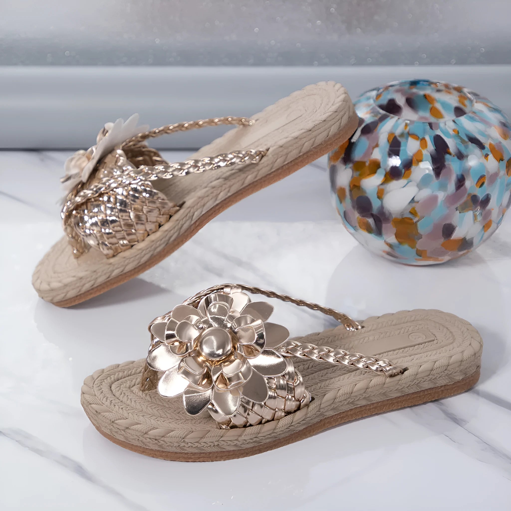 Plus size women's platform sandals with floral accents, rubber sole, PU upper, available in multiple colours