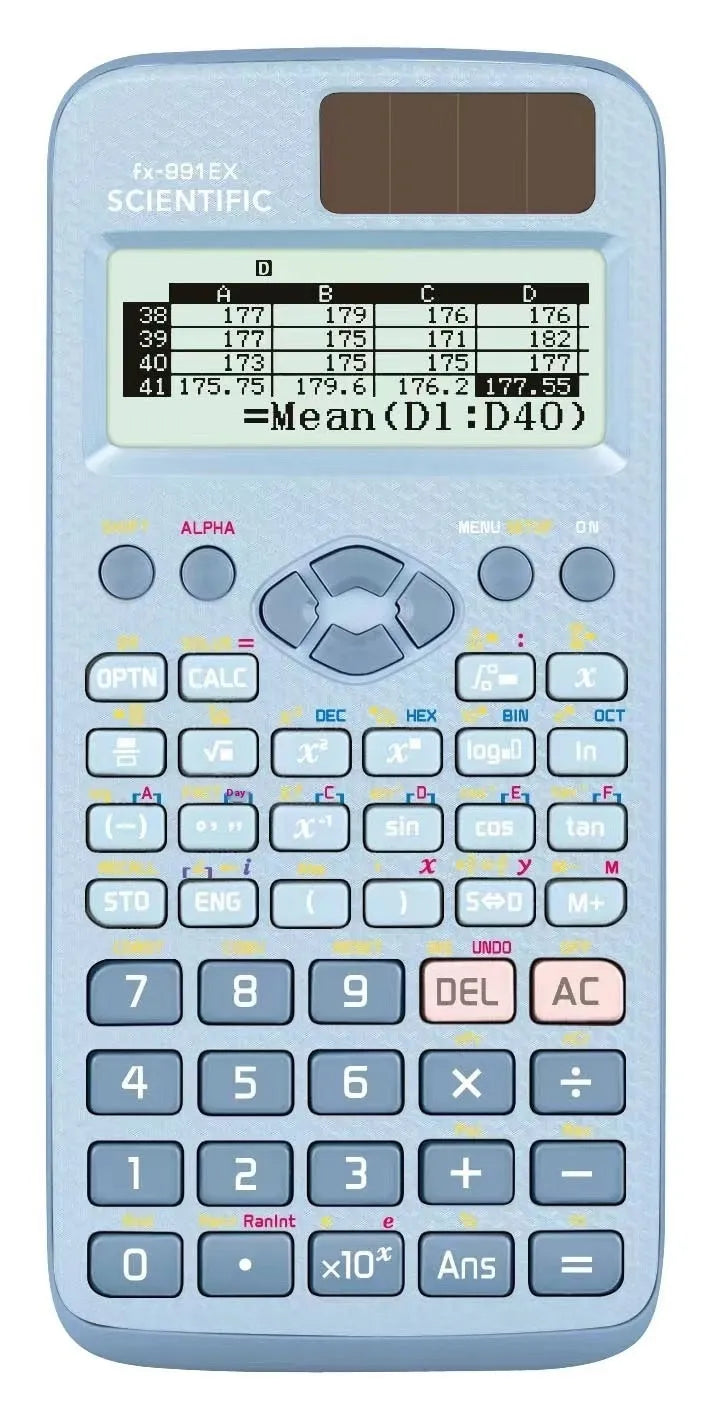 991EX scientific calculator in black, blue, or pink with solar panel and multi-line display.
