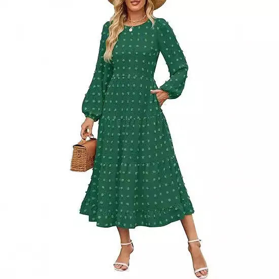 Beige women's casual dress with long ruffled sleeves, a round neck, and a high waist.
