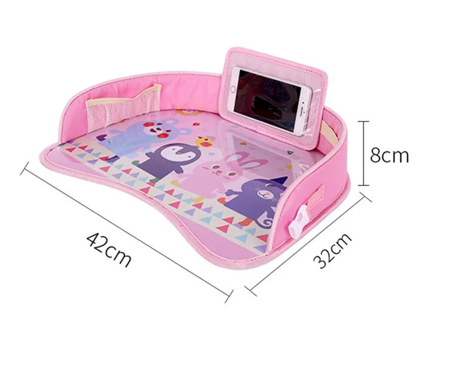 Baby car seat tray table in blue Oxford fabric and polyester, 42x32x8 cm, on a car seat