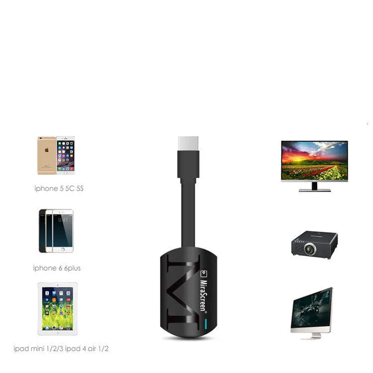 Black USB HDMI dongle for screen mirroring phones to TV, showing compact size and connectors.