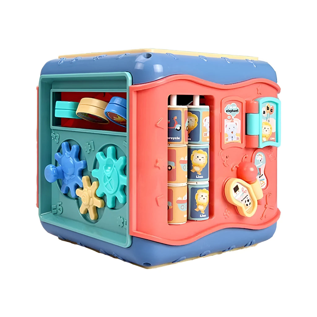 Baby hexahedron educational toy with six different Montessori learning activities on each side