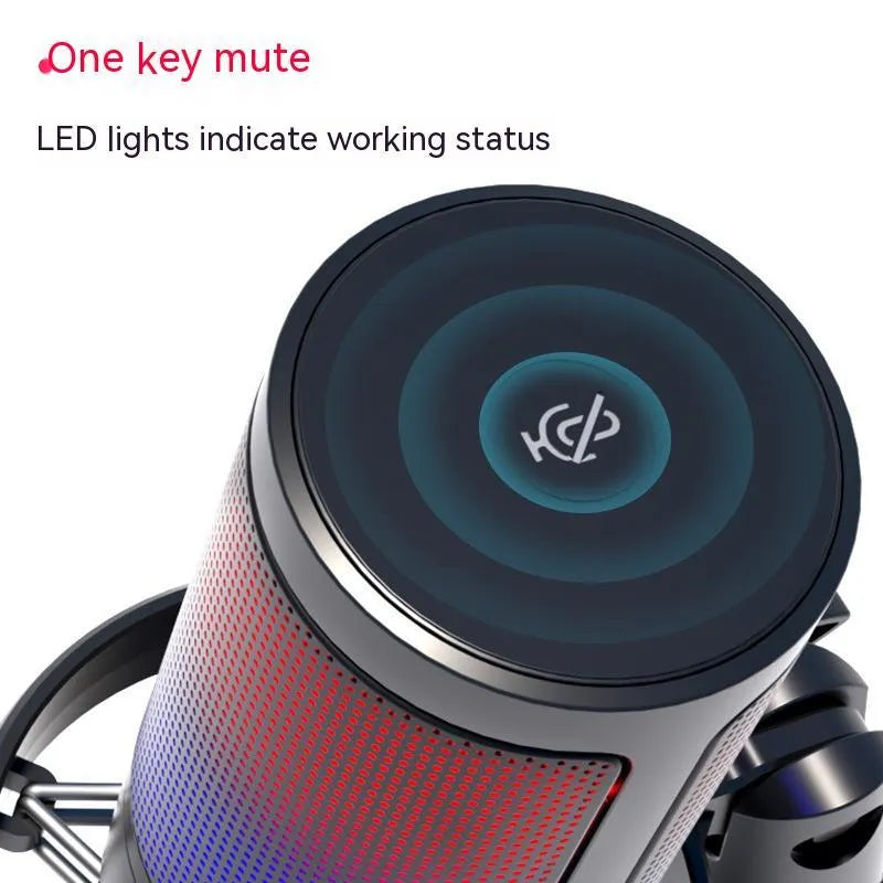 RGB illuminated condenser microphone on desk with USB cable, in black, white, or pink.