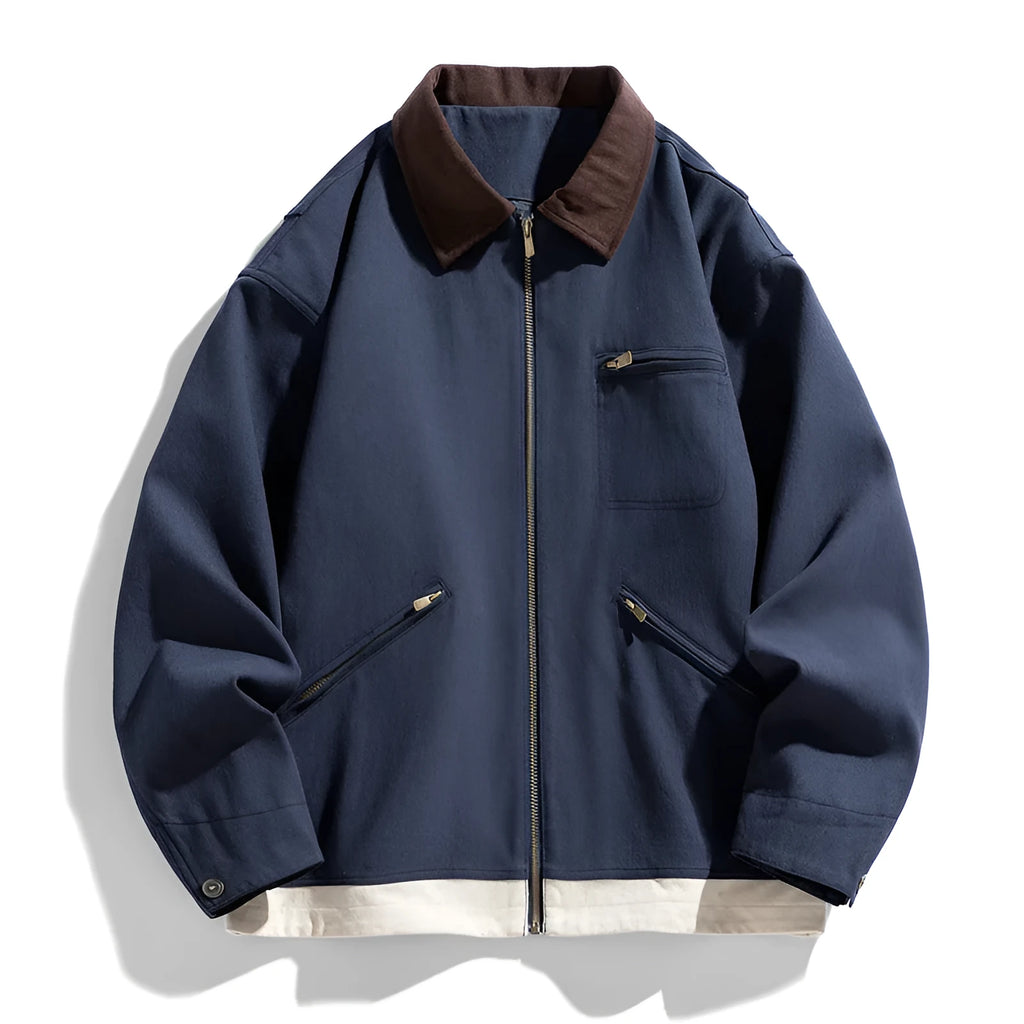 Korean style men's loose fit autumn jacket with contrast colour lapels and side seam pockets