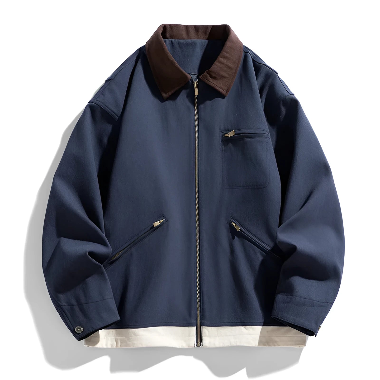 Korean style men's loose fit autumn jacket with contrast colour lapels and side seam pockets