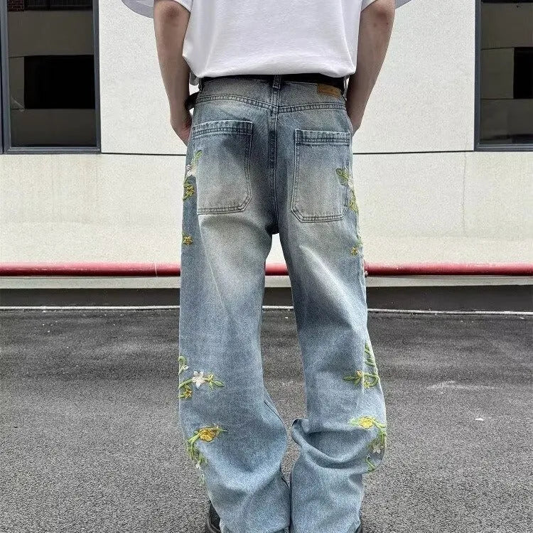 Blue cotton denim high street casual wide leg pants with mid waist and zip placket fly, straight-leg style