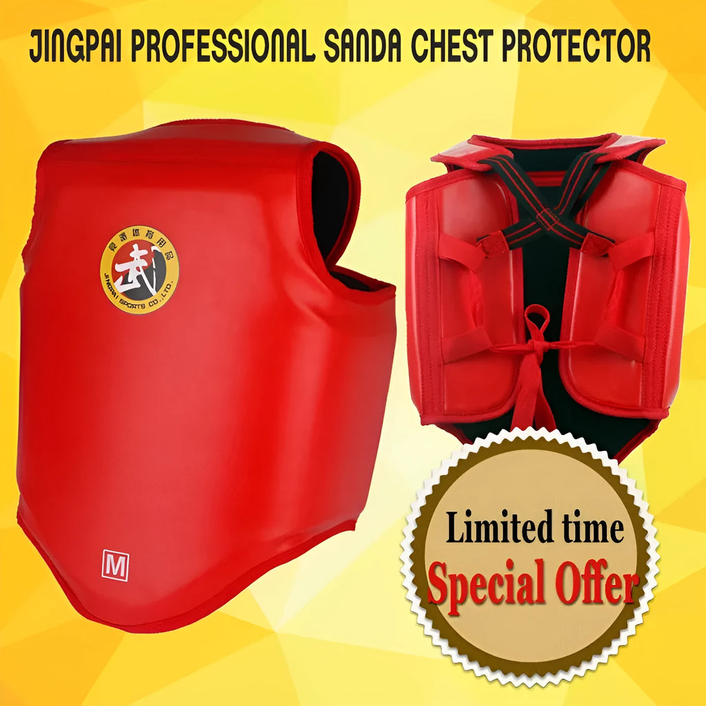 Red boxing helmet and matching one-piece chest protector set for training.
