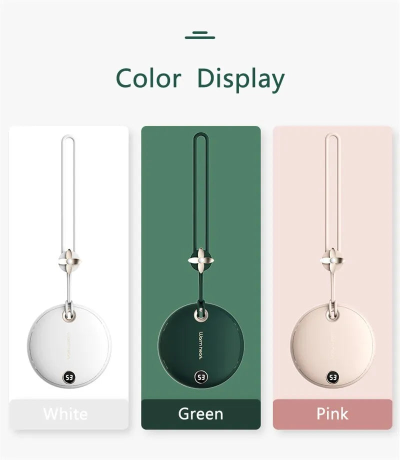Green hand warmer power bank with digital display showing battery level, measuring 89.5mm square