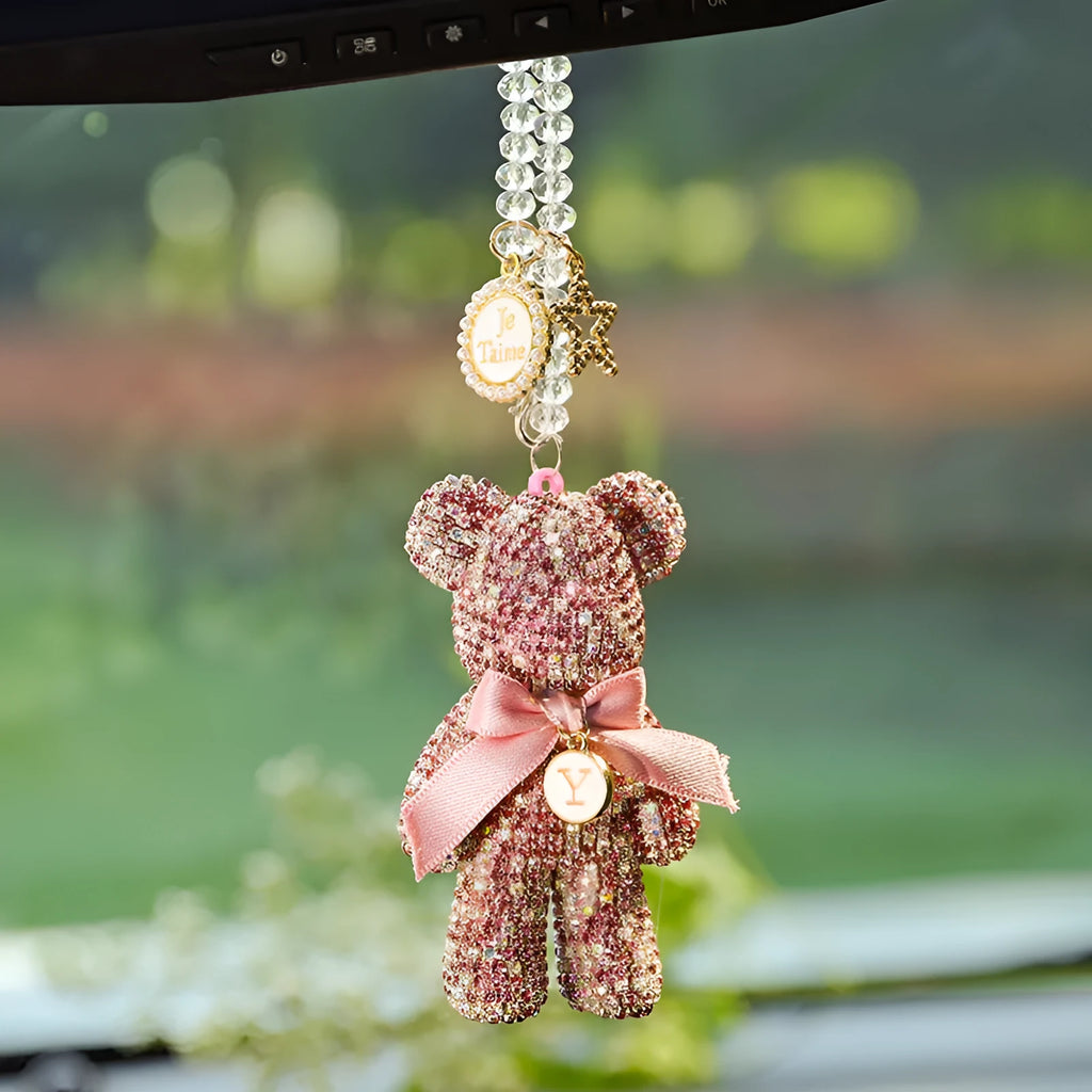 Black, white, and mixed pastel Violent Bear car rearview mirror pendant with diamond-embedded design