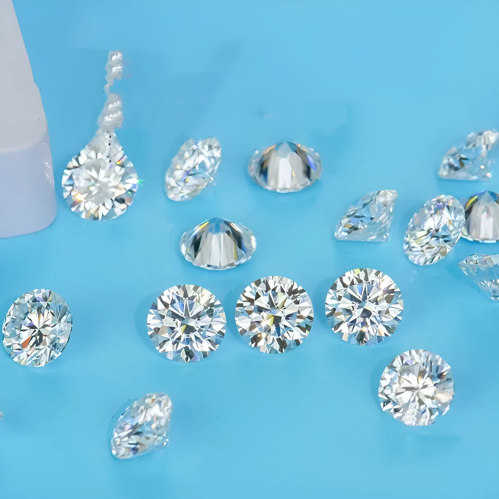 Round moissanite gemstone with eight hearts and eight arrows cut on a grey background