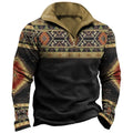 Men's loose fit long sleeve polo shirt with striped retro print and zipper details on sleeve.
