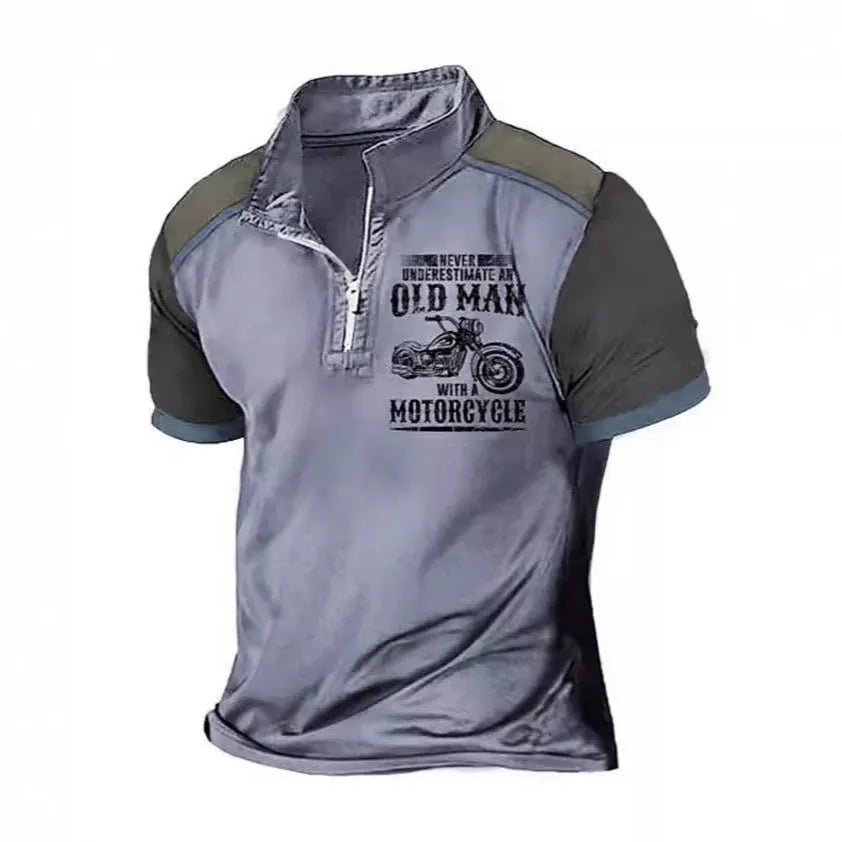 Men's casual blue polo shirt with white digital letter print and silver zipper decorations on the lapel.