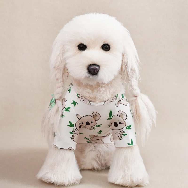 Printed casual T-shirt for small dogs in polyester fabric showing sizing chart with bust and length measurements