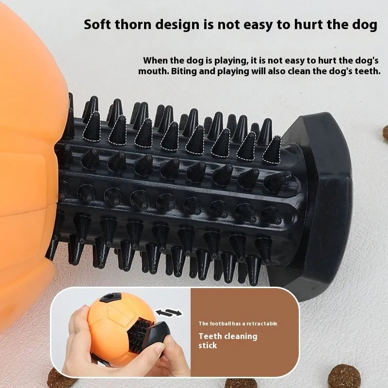 TPR dog chew toy ball in orange and white colours showing hollow style and teeth cleaning rod variations