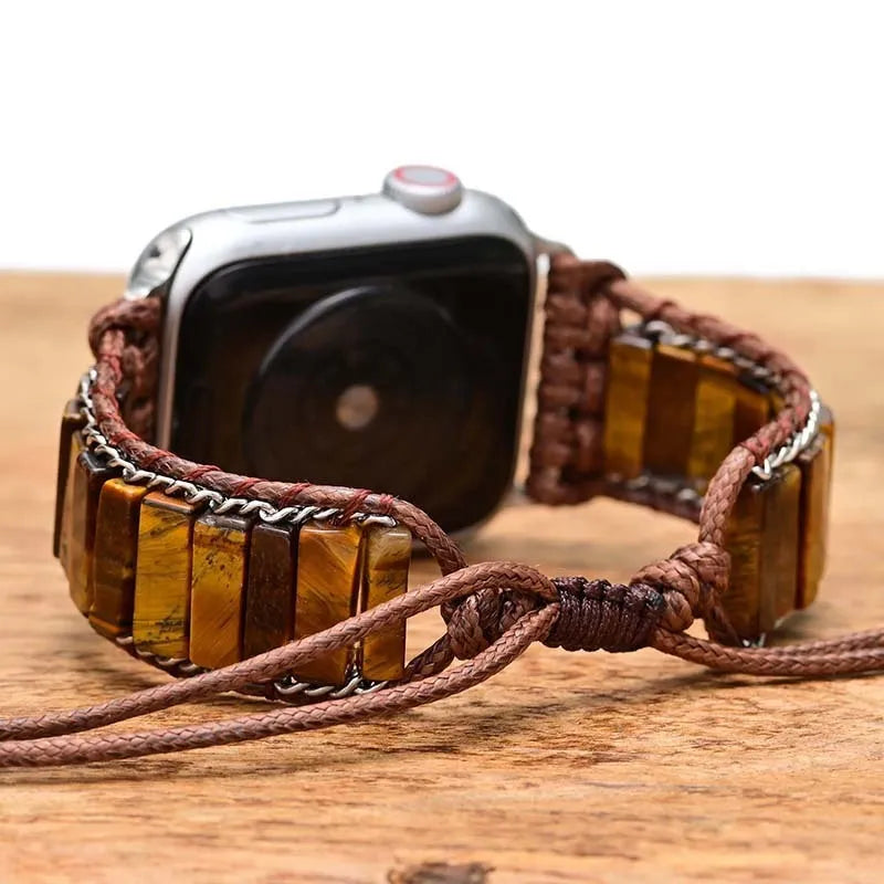 Rectangular tiger eye stone chain on an adjustable textile men's watch strap bracelet