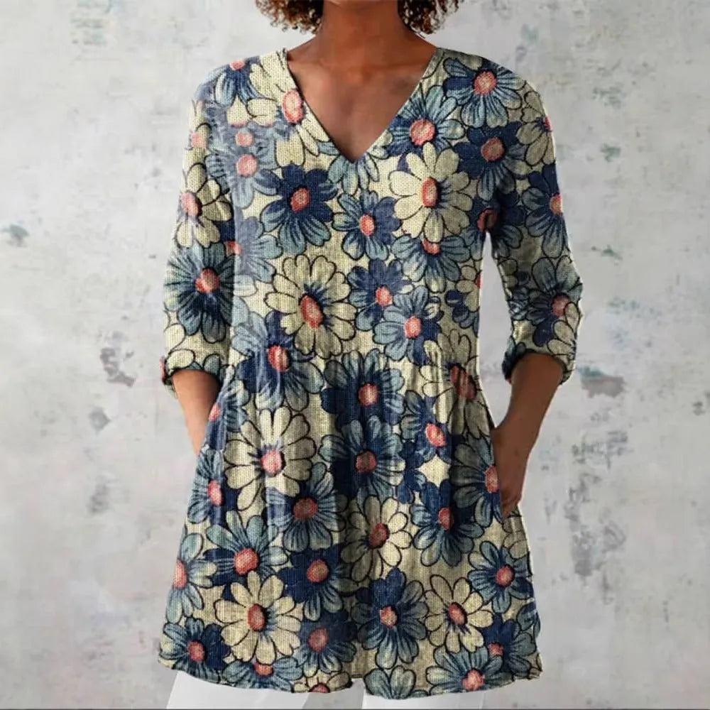 Women's retro style slim fit printed long sleeved top in a selection of colours