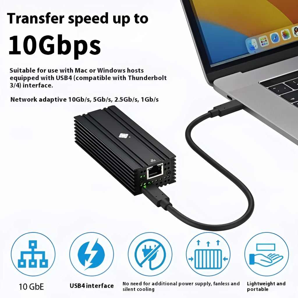 Black USB4 to 10G RJ45 ethernet network adapter with a short cable.