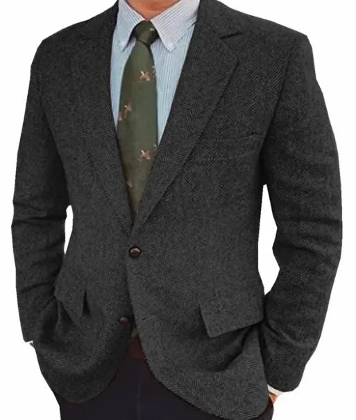 Men's brown herringbone suit jacket with long sleeves and retro business casual style