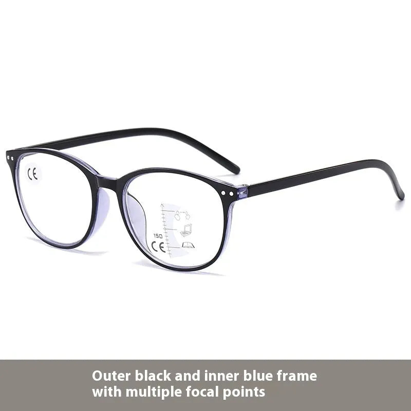 A pair of women's ultra-light multi-focus presbyopic reading glasses with a choice of frame colours.
