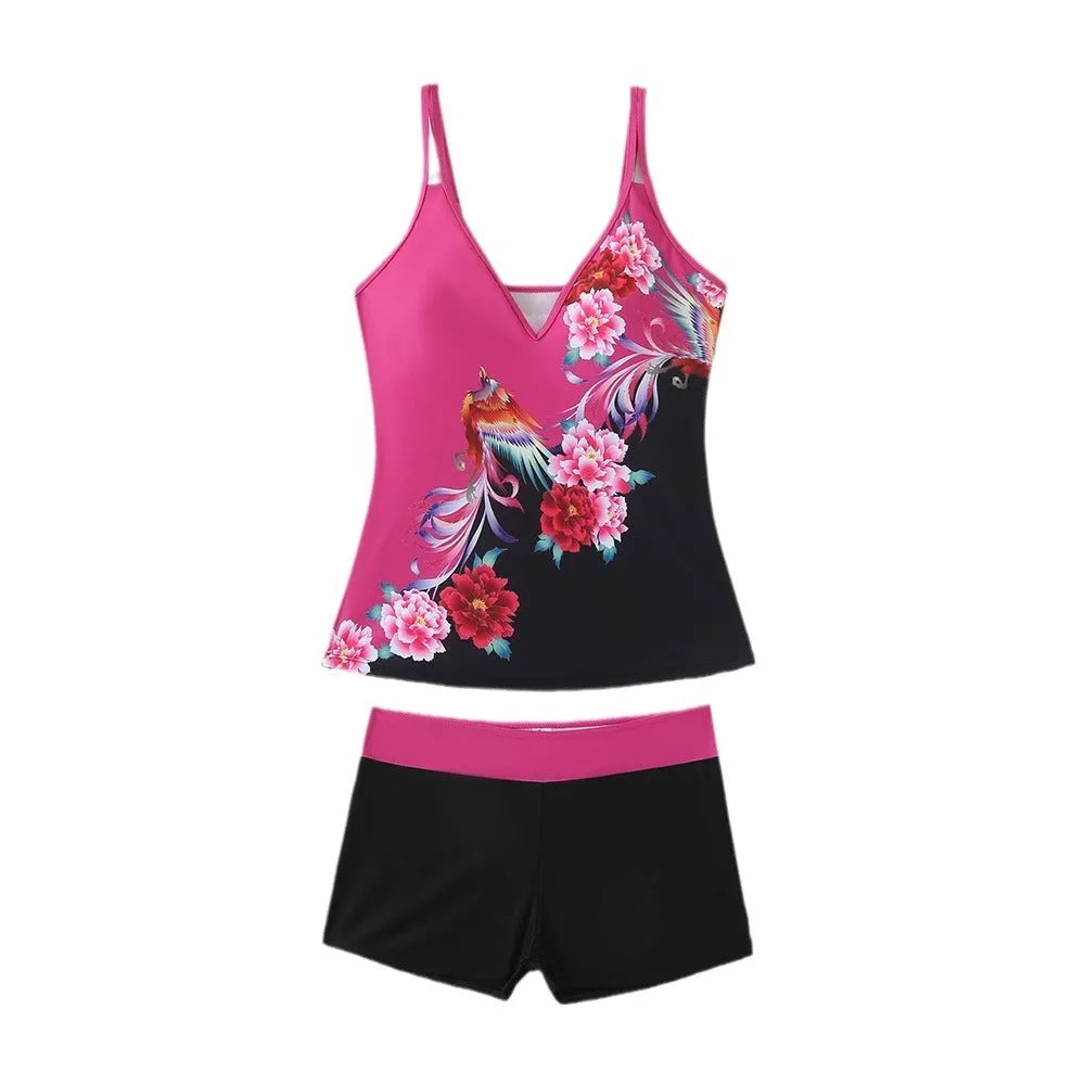 Women's plus size printed swimsuit and matching trunks set in black or rose red colour