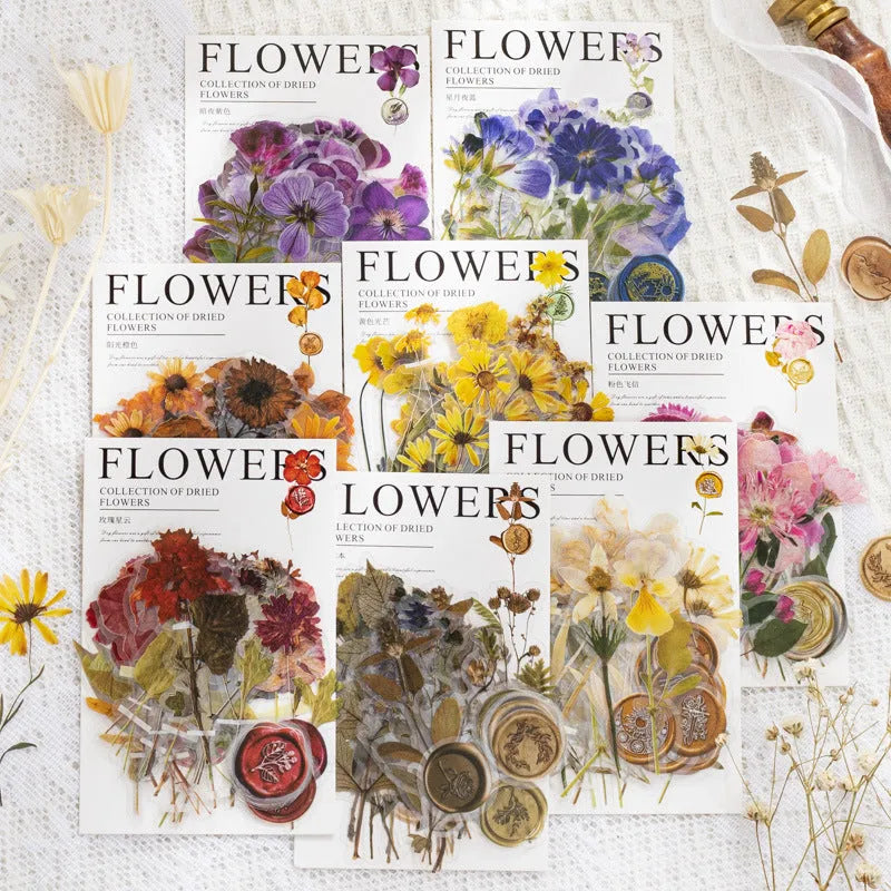 Dried flowers journal decoration stickers in eight colour themes including Dark Night Purple and leaf specimen designs