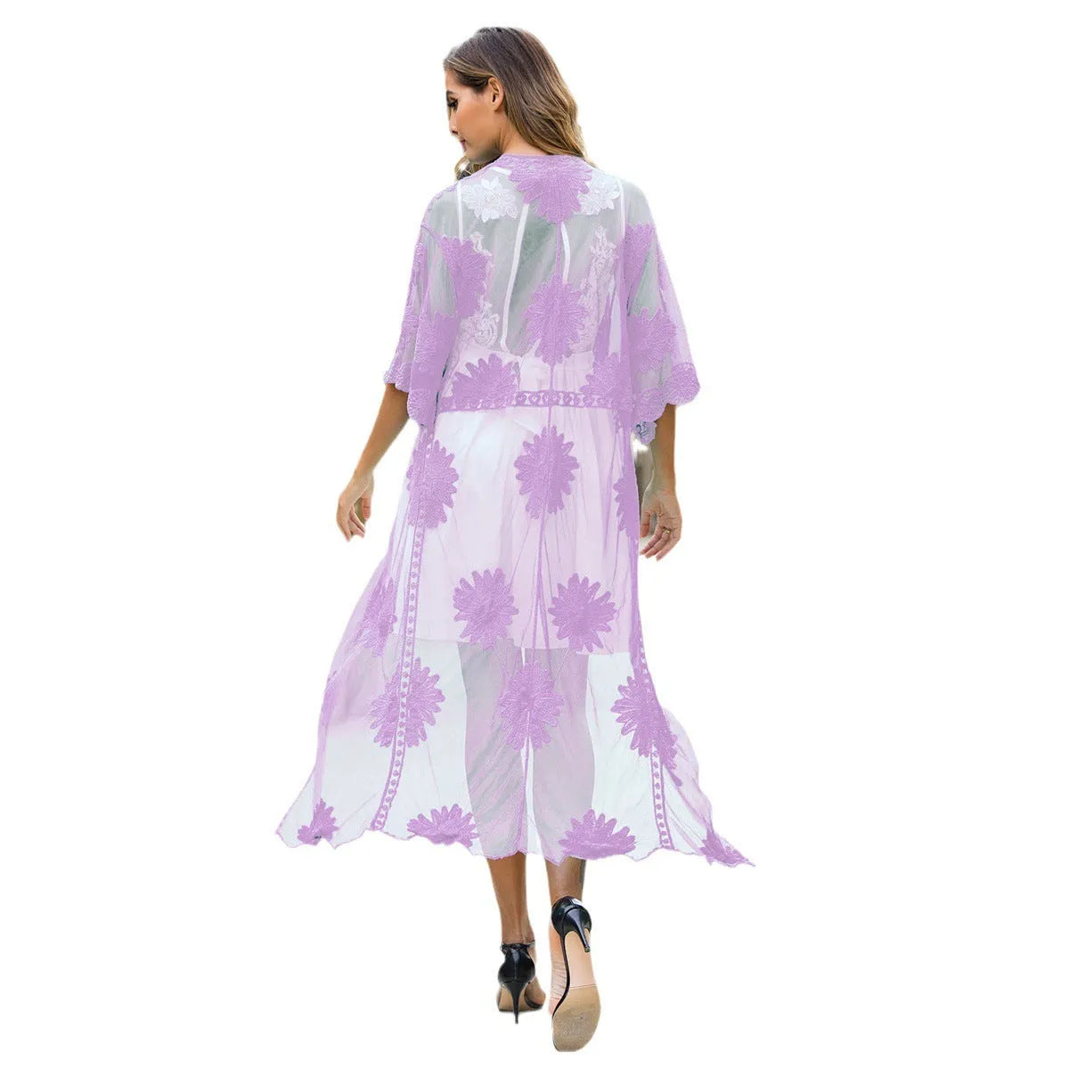 Light purple women's beach dress with lace embroidery detail, shown as swimwear cover-up