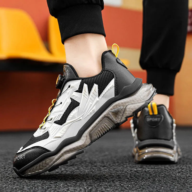 Men's black rotating button casual shoes with mesh upper and platform sole for height increase