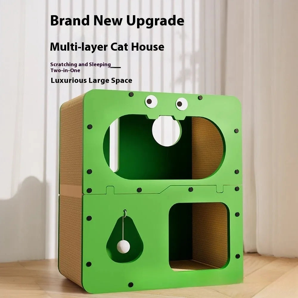 Double-layer cat scratching board with integrated cat nest in primary colours