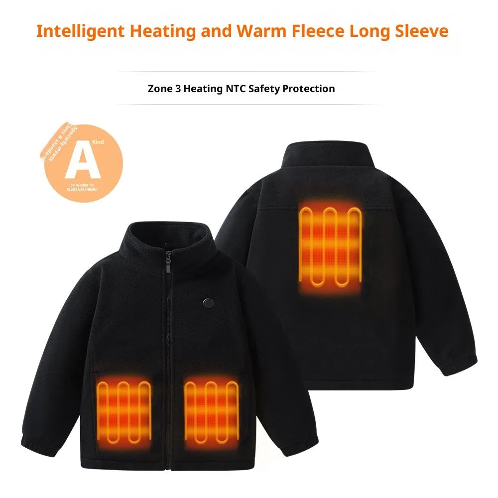 Children's black polar fleece heating jacket with zipper closure on a child