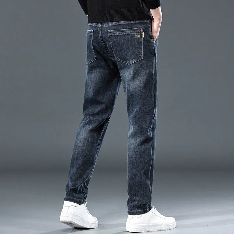 Men's slim straight casual trousers in polyester fabric with micro elasticity and zipper fly