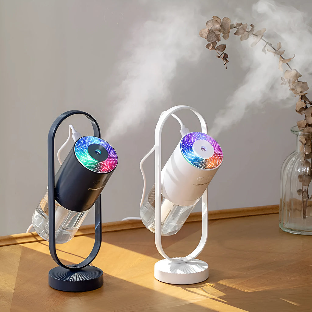 Compact anion humidifier with 200mL tank, USB cable, available in dark blue, pink, sky blue, white