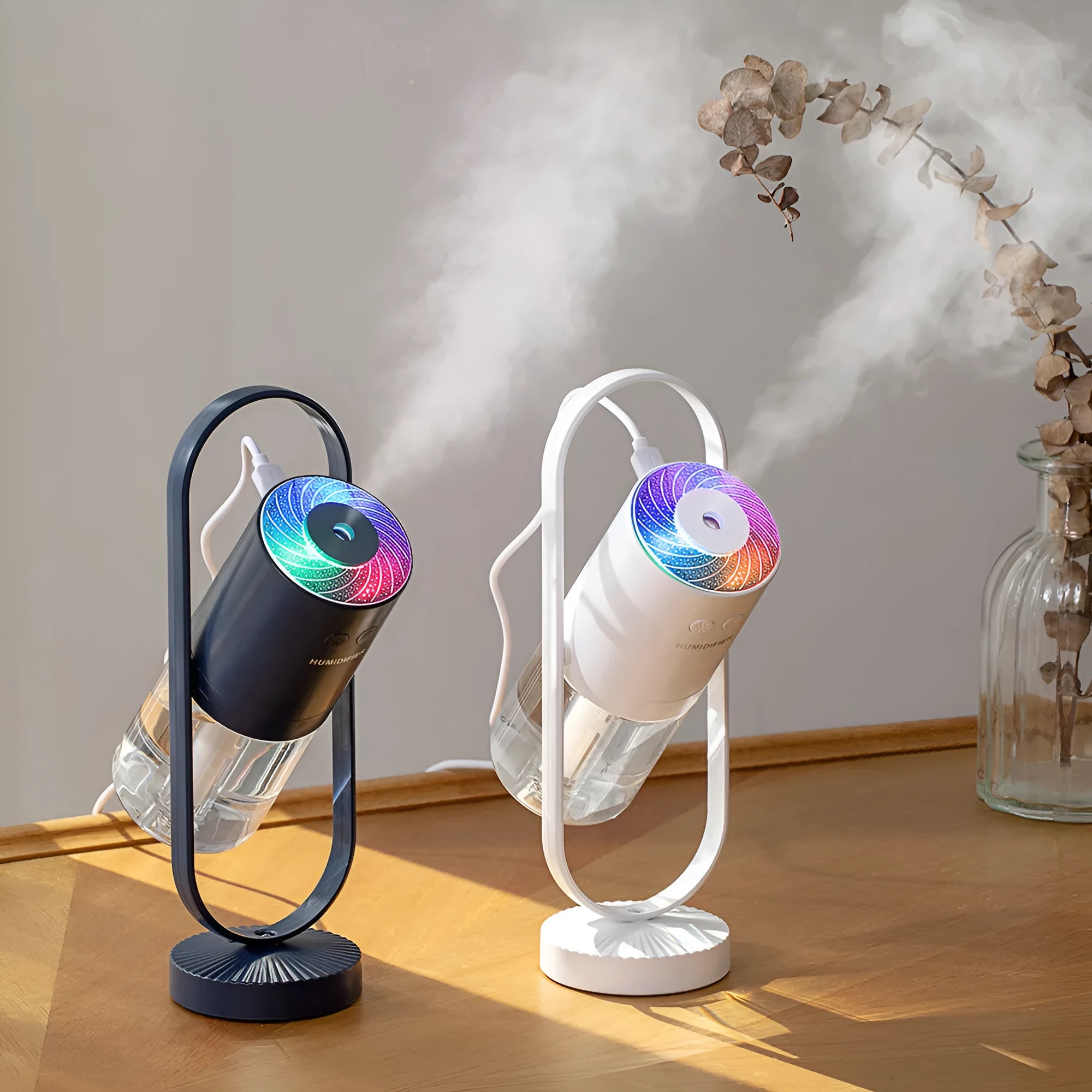 Compact anion humidifier with 200mL tank, USB cable, available in dark blue, pink, sky blue, white