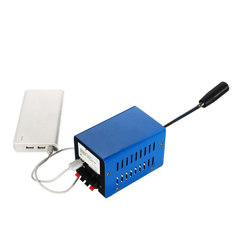 Blue metal hand crank USB emergency generator with dimensions 125x80x85mm