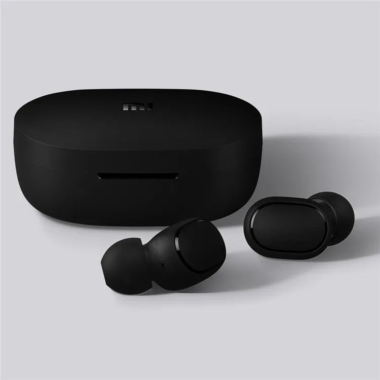 Redmi AirDots black true wireless Bluetooth headphones with charging case.