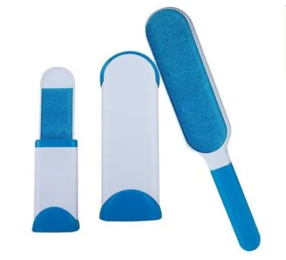 Blue pet hair removal comb with self-cleaning base for sofa upholstery