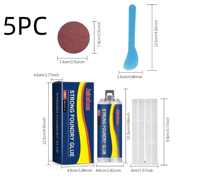 85ml metal casting glue tube with epoxy and curing agent, plus push rod, scraper and sandpaper