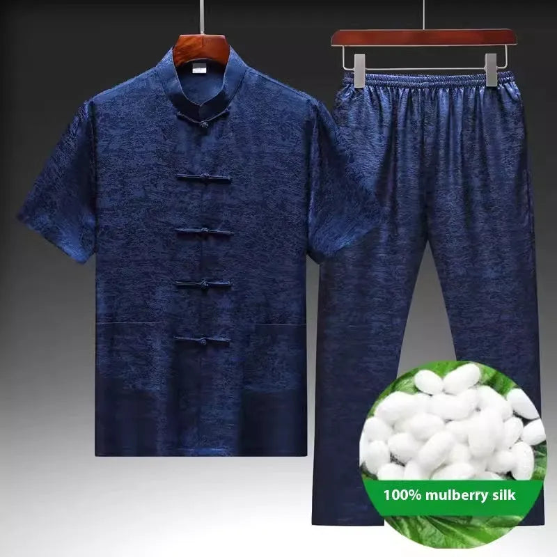 Men's navy blue mulberry silk Chinese Tang suit jacket on a hanger.