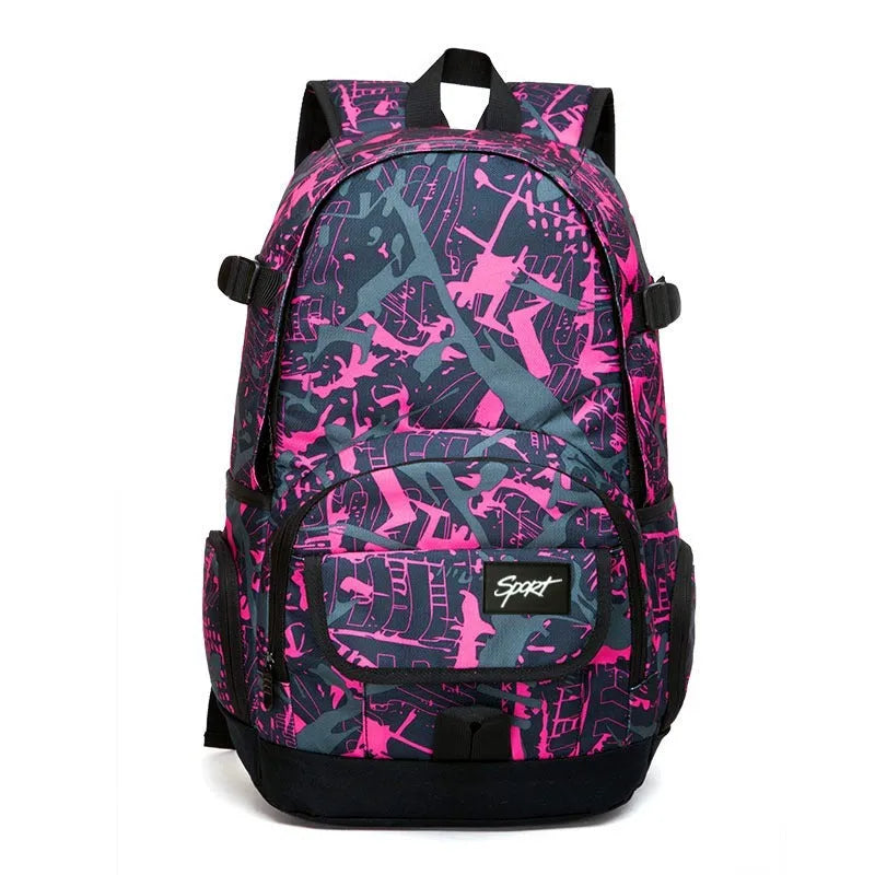 Classic blue nylon backpack with large main compartment and adjustable straps on a plain background.