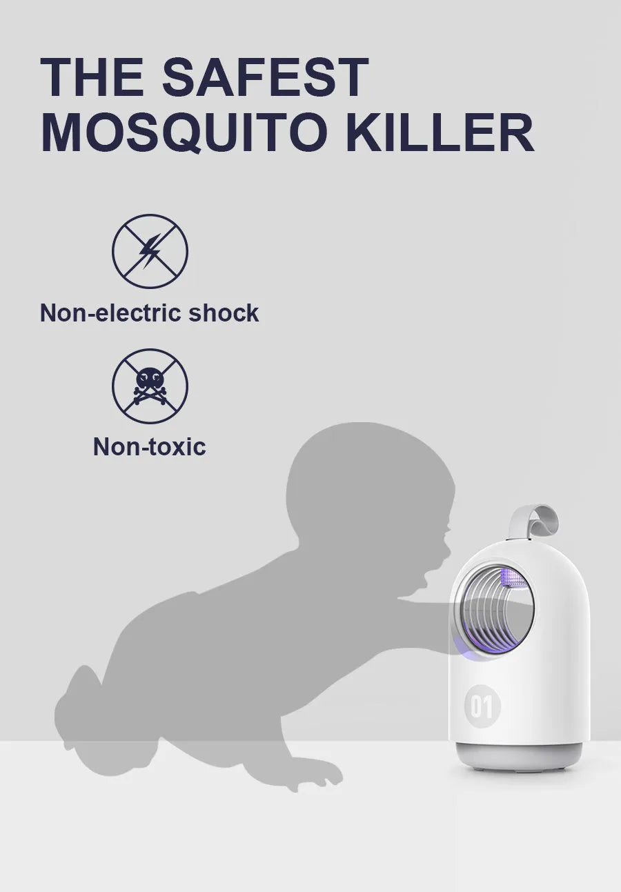 White and blue indoor mosquito killer lamp with UV light, fan, USB cable, and a top carry handle.