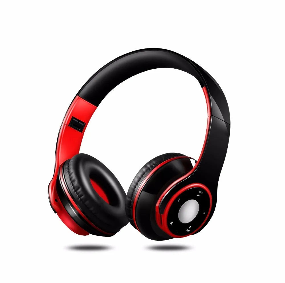 Foldable wireless Bluetooth headset in blue colour showing adjustable hinges and ear cushions