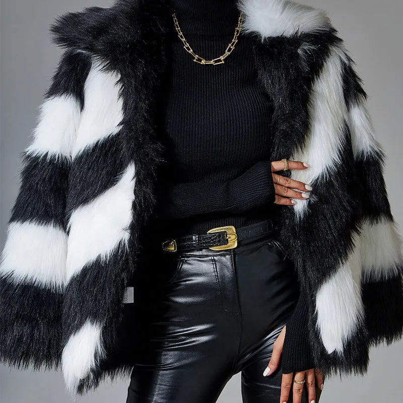 Women's faux fur coat with lapel contrast colour and fur collar, 50cm length