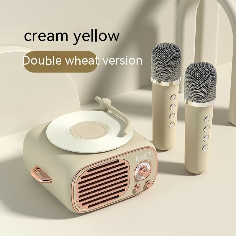 Retro Bluetooth microphone stereo with card reader and alarm clock in transparent green, ABS PC body
