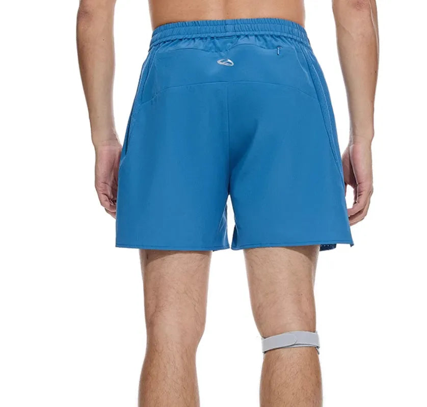 Men's black running shorts with four-sided stretch fabric and laser stitching detail